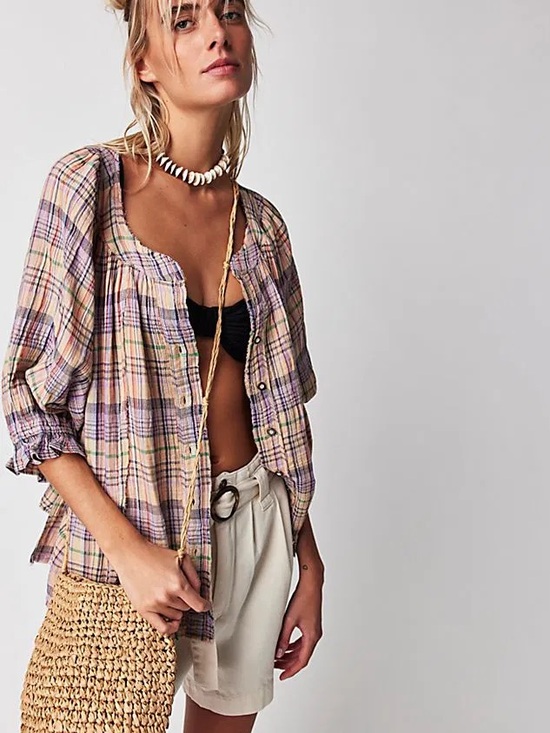 We The Free Tops - We The Free Plaid Button-Up Top in Mustard, Pink & Brown